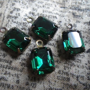 Emerald 10x8mm Octagon Brass Ox Glass Drops 4 Pcs