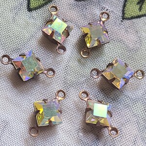 Crystal AB Square 6mm Brass Links Two Loops 6 Pcs