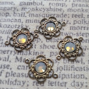 Light Grey Opal Peony Filigree 20ss Chatons Brass Ox Links 4 Pcs