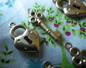 Locked Hearts and Keys 18mm Double Sided Brass Charms 4 Pcs Each
