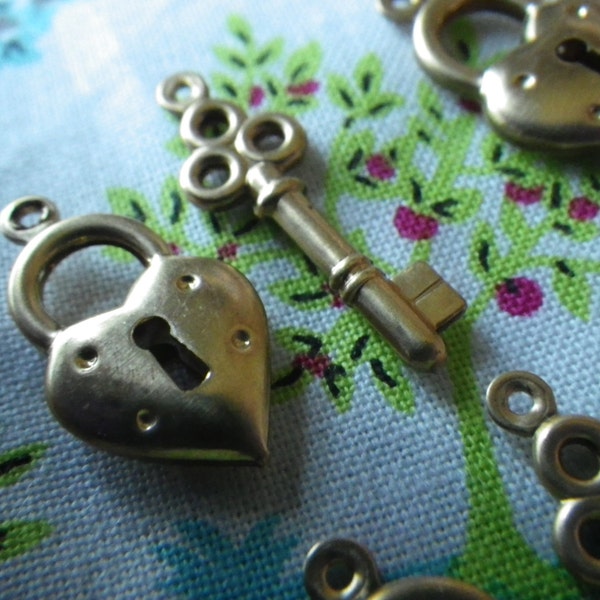 Locked Hearts and Keys 18mm Double Sided Brass Charms 4 Pcs Each