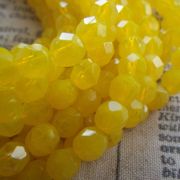 Milky Yellow Fire Polished 6 Czech Glass Beads 25 Pcs