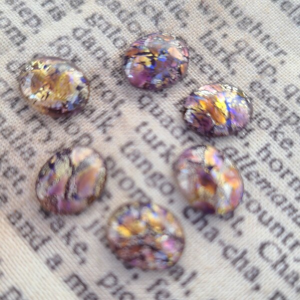 Amethyst Purple Vintage Harlequin Opal Glass 10x8mm Oval Flat Back Cabochons 6 Pcs