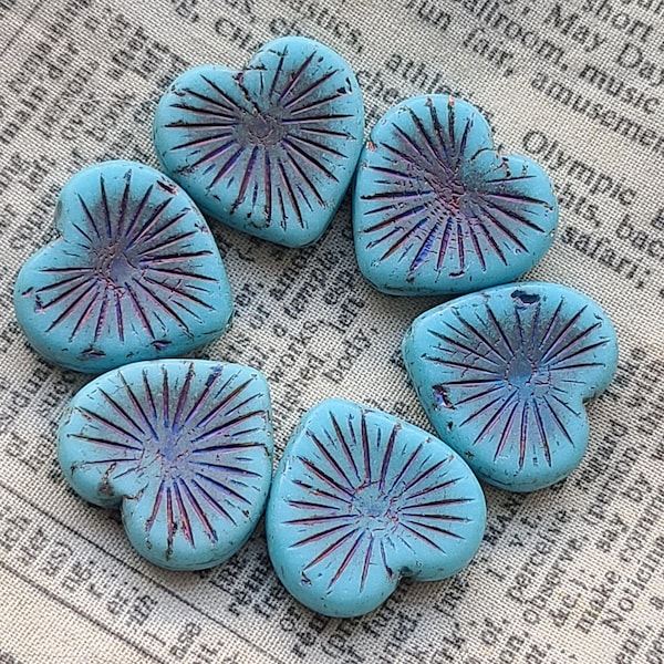 Flaming Heart Matte Sky Blue with Volcano Wash Glass Bead 22mm 6 Pcs