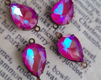 Electric Magenta Pink 14x10mm Pear Brass Ox Glass Links Two Loops 4 Pcs