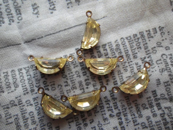 Jonquil Yellow Vintage Foiled Glass 12x6mm Half Moon Brass Ox Connectors Two Loops 6 Pcs