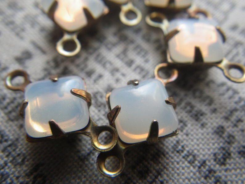 White Opal Glass Square 6x6mm Brass Ox Connectors Two Loops 6 Pcs