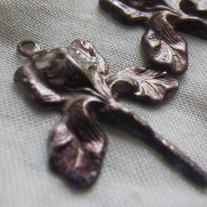 May include: Close-up of several bronze-colored iris flower charms. Each charm has detailed petals and a small loop for attaching to jewelry or other crafts. The charms have a vintage, antique appearance.