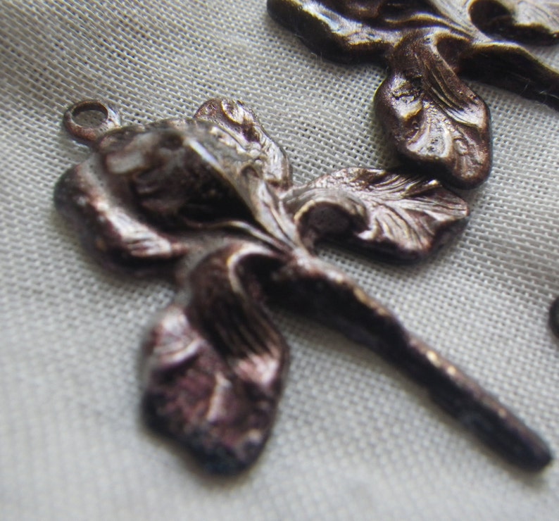 May include: Close-up of several bronze-colored iris flower charms. Each charm has detailed petals and a small loop for attaching to jewelry or other crafts. The charms have a vintage, antique appearance.