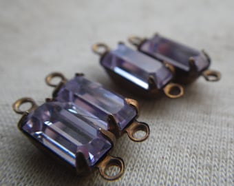 Alexandrite 10X5mm Octagon Vintage Glass Connectors Two Loops 6 Pcs