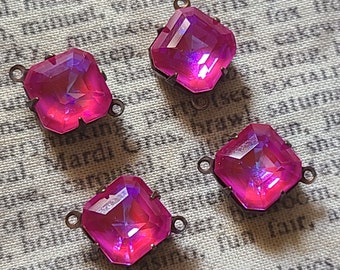 Magenta Flash Rhinestone 10mm Rounded Square Links 4 Pcs