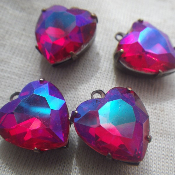 Siam Ruby Glacier Blue Foiled Crystal 12mm Heart Drops 4 Pcs