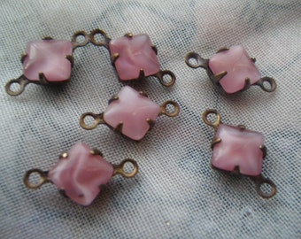 Rose Pink Moonstone 6mm Square Vintage Glass Connectors 6 pieces