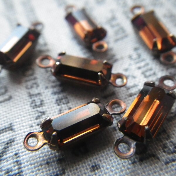 Smoky Topaz Vintage 8x4mm Square Octagon Glass Drops Two Loops 6 Pcs