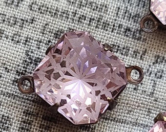 Rose Pink Etched Flower Rhinestone 10mm Rounded Square Links 4 Pcs
