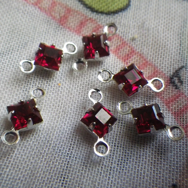 Siam Ruby Red Vintage  Crystal Square 4mm Silver Connector 6 Pcs