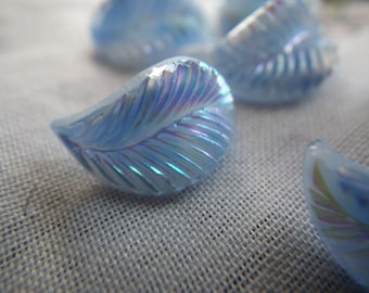 Vintage Powder Blue Moonstone AB 15X9mm Glass Leaf Cabochons 6 Pcs