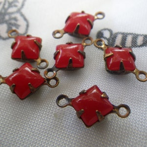Opaque Cherry Red 6mm Square Vintage Glass Connectors 6 Pcs