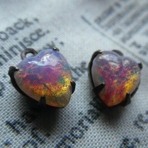 Vintage Pink Harlequin Opal 8mm Cabochon Top Glass Heart Drops 4 Pcs