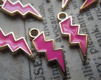 Hot Pink Enameled Lightning Bolt Alloy Charms 20x7mm 10 Pcs