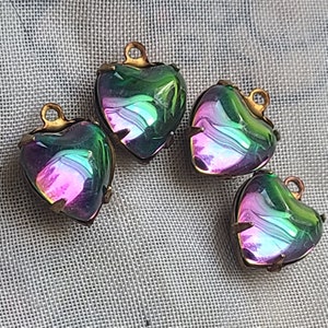 Sphinx Purple and Green Cabochon Top Glass 10mm Heart Drops 4 Pcs