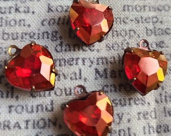 Crystal Magma Red with Gold Coating 10mm Faceted Glass Heart Drops 4 Pcs