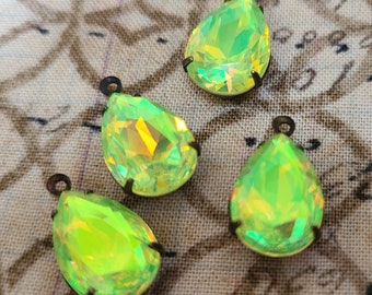 Electric Chartreuse Green 14x10mm Pear Brass Ox Glass Drops One Loop 4 Pcs
