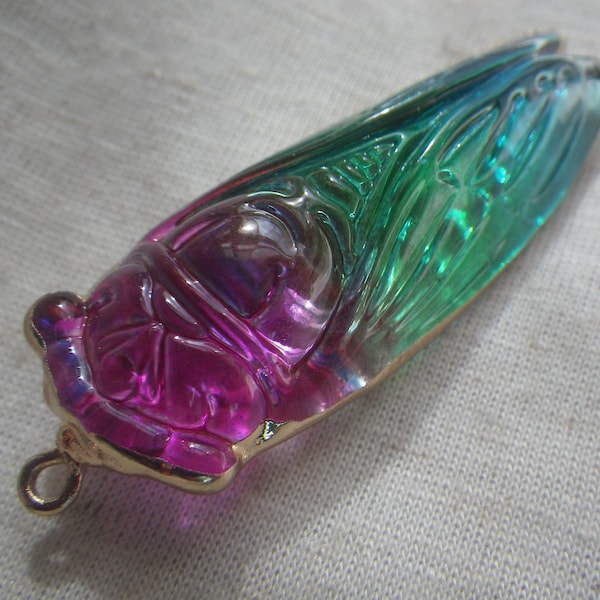 Tourmaline Rainbow Glass Cicada Pendant 55x18 Gold Trimmed 1 Pc