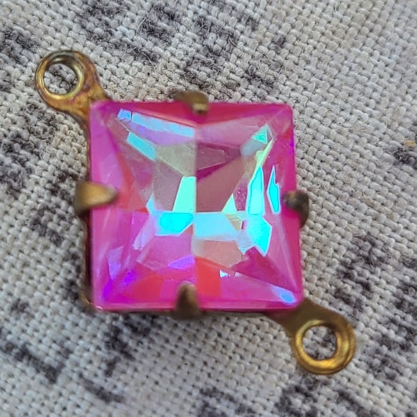 Electric Hot Pink 8mm Square Brass Ox Glass Links 4 Pcs