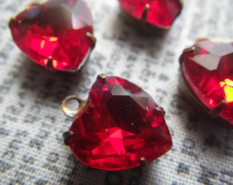 Siam Ruby Red 10mm Faceted Glass Heart Drops 4 Pcs