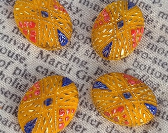 Goldenrod Painted Vintage Glass Cabochons with Gilded Detail 18x13mm Oval 4 Pcs