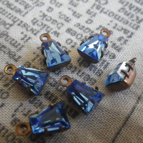 Light Sapphire Blue Vintage Crystal 6x4x2mm Keystone Brass Ox Drops 6 Pcs