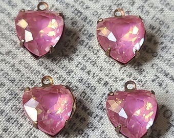 Sunset Pink Opal 10mm Heart Brass Ox Glass Drops One Loop 4 Pcs