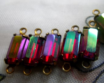 Iridescent Siam Ruby Red 10X5mm Octagon Vintage Glass Connectors Two Loops 6 Pcs