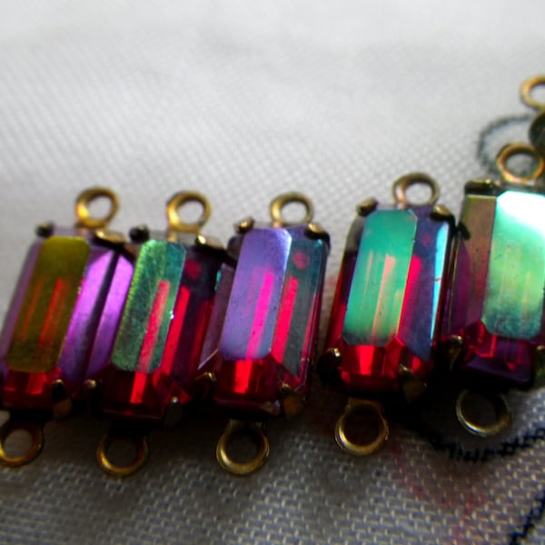 Iridescent Siam Ruby Red 10X5mm Baguette Vintage Glass Connectors Two Loops 6 Pcs