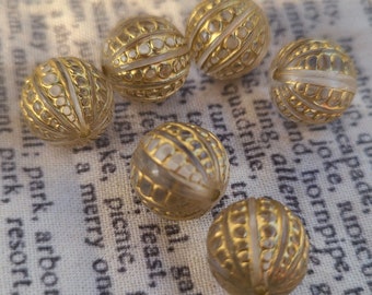 Gilded Crystal Fancy Engraved Round 14mm Plastic Beads 6 Pcs