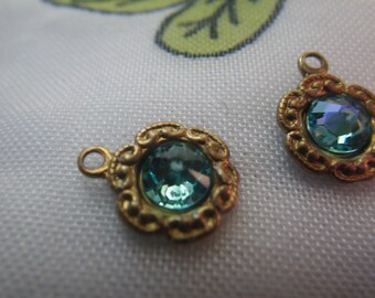 Light Turquoise  Crystal Tiny Daisy Brass Ox Drops 6 Pcs