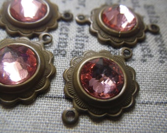 Rose Peach  34SS 7mm Crystal Sunflower Drops Brass Ox Two Loops 4 Pcs