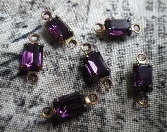 Vintage  Amethyst Purple 6x4mm Glass Octagon Brass Ox Connectors or Drops 6 Pcs