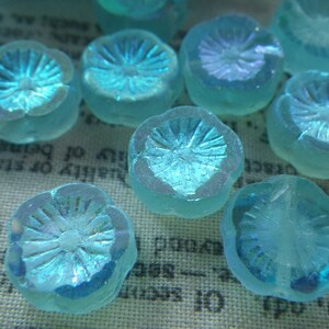 Baby Blue with Etched and AB Finishes Hibiscus Flower 12mm Beads 12 Pcs