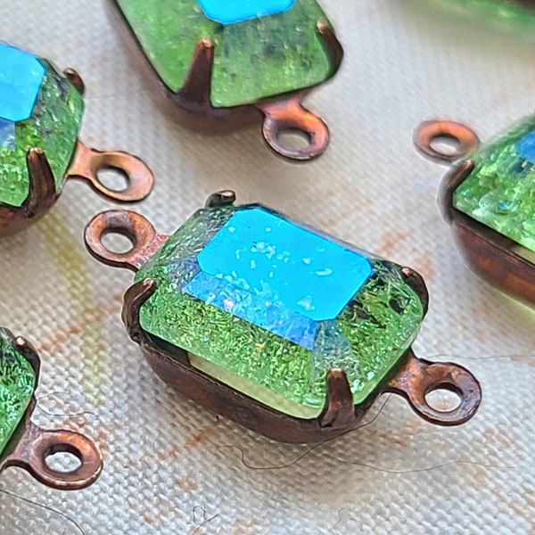 Crackle Peridot with Glacier Blue Unfoiled Glass 10x8mm Octagon Drops 6 Pcs