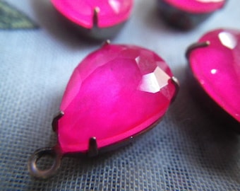 Neon Pink Glass Pears in Oxidized Brass Settings 14x10mm Pear One Loop 4 Pcs