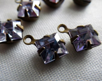 Alexandrite Vintage  Crystal Square 6x6mm Brass Ox Drops One Loop 6 Pcs