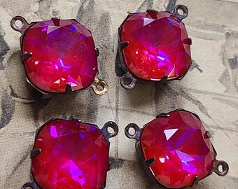 Magenta Flash Rhinestone 12mm Rounded Square Links 4 Pcs