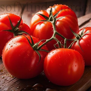 May include: A group of five red ripe tomatoes with water droplets on a wooden surface. The tomatoes are connected by a green vine.