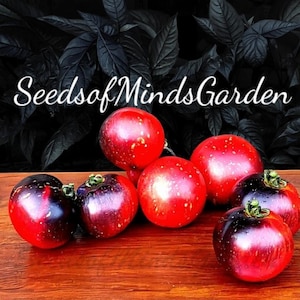 May include: A collection of ripe, red tomatoes with speckled skin and green stems, arranged on a wooden surface. The tomatoes have a deep red hue with hints of purple. The text "SeedsofMindsGarden" is written in white script above the tomatoes.