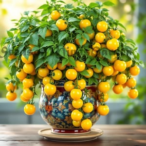 May include: A potted yellow cherry tomato plant with many ripe tomatoes hanging from the branches. The plant is in a decorative blue and gold pot with a floral design.