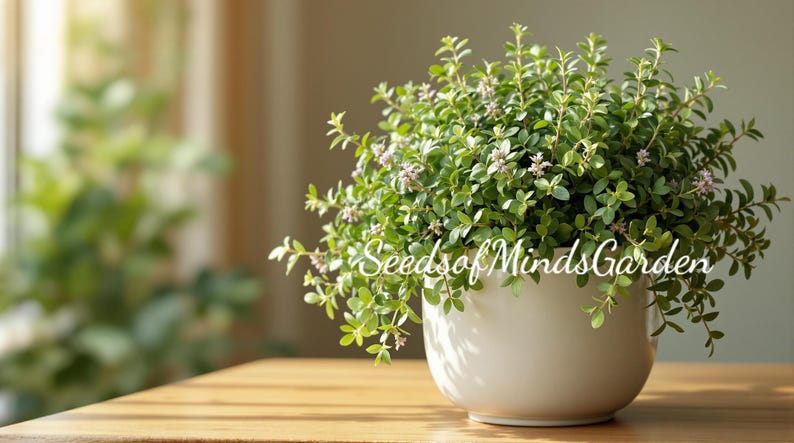 May include: A lush green plant with small, light pink flowers in a white ceramic pot. The plant sits on a wooden table, with the text "SeedsofMindsGarden" in white script. The background is blurred, suggesting a natural setting.