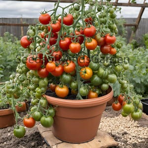 May include: A large terracotta pot filled with a tomato plant. The plant is overflowing with red ripe tomatoes and green unripe tomatoes. The pot is sitting on a brown wooden platform.