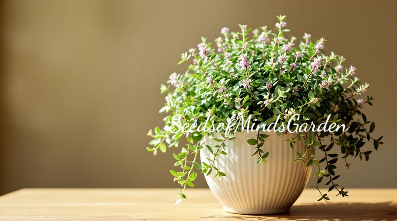 May include: A white, ribbed ceramic pot filled with a lush green plant with small pink flowers. The plant is overflowing from the pot, with the text "SeedsofMindsGarden" in white script on the pot.